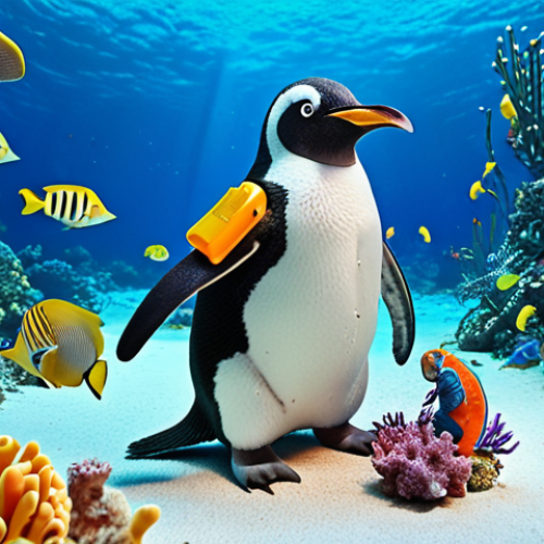 Home 11 **
A wide shot of Peso the penguin, in his underwater medical gear, surrounded by various colorful sea creatures. He's holding a miniature scalpel, examining a small, injured seahorse. The scene emphasizes the high-tech, miniaturized equipment and Peso's caring expression. The backdrop showcases a vibrant coral reef.
**