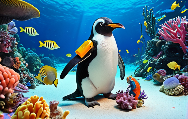 **
A wide shot of Peso the penguin, in his underwater medical gear, surrounded by various colorful sea creatures. He's holding a miniature scalpel, examining a small, injured seahorse. The scene emphasizes the high-tech, miniaturized equipment and Peso's caring expression. The backdrop showcases a vibrant coral reef.
**