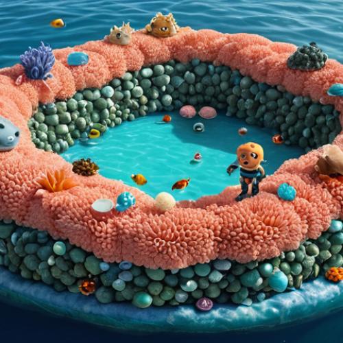 Home 6 **
Octonauts facing a massive floating island of plastic waste in a vibrant, coral-filled ocean current, Kwazii looking concerned, emphasizing the need to reduce plastic consumption.
**