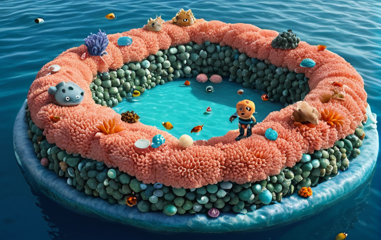 **
Octonauts facing a massive floating island of plastic waste in a vibrant, coral-filled ocean current, Kwazii looking concerned, emphasizing the need to reduce plastic consumption.
**