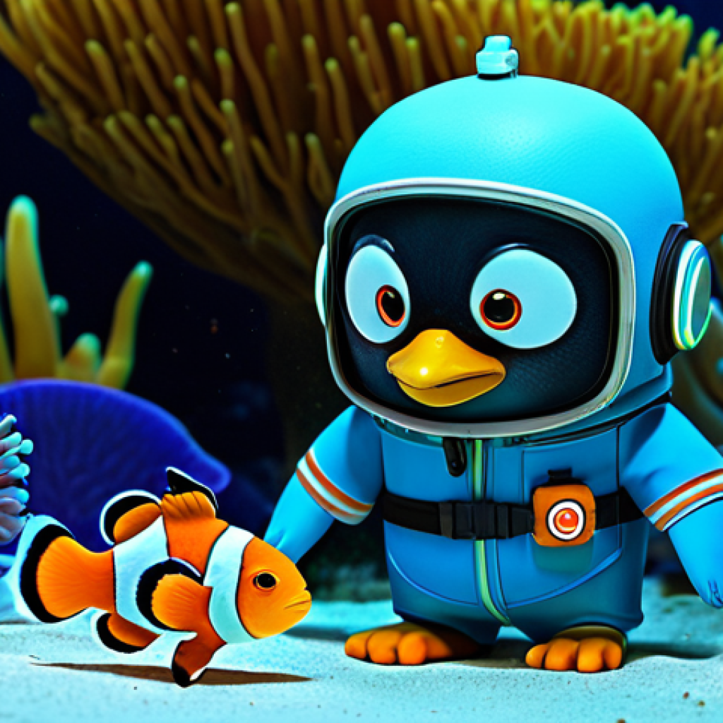 옥토넛 페이소의 의사로서의 역할 - Empathetic Healer**
"Peso, the penguin medic, gently tending to a small, injured clownfish in a vib...