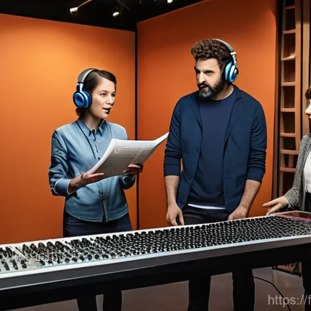 옥토넛 애니메이션 더빙 과정 - **A dynamic, high-resolution photo of professional French voice actors in a modern, soundproofed rec...