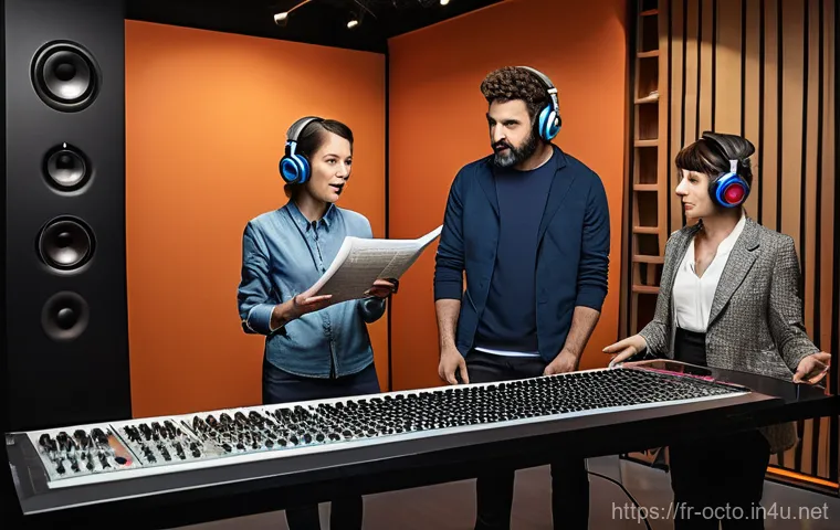 옥토넛 애니메이션 더빙 과정 - **A dynamic, high-resolution photo of professional French voice actors in a modern, soundproofed rec...