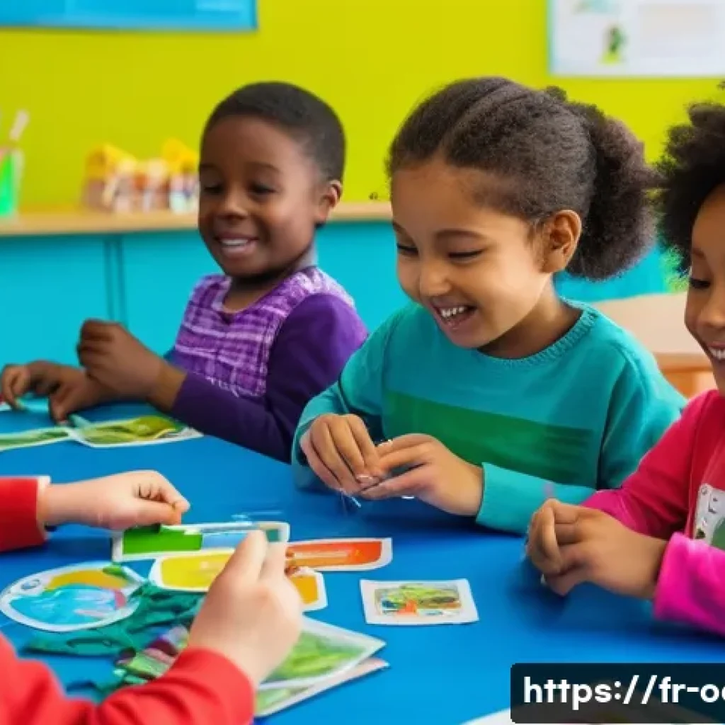 옥토넛 관련 공식 팬 이벤트 - **Prompt:** A vibrant, cheerful indoor scene at a children's event. A group of diverse children, age...