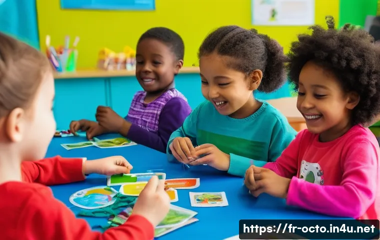 옥토넛 관련 공식 팬 이벤트 - **Prompt:** A vibrant, cheerful indoor scene at a children's event. A group of diverse children, age...