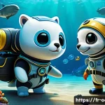 옥토넛 BBC 출신 애니메이션 특징 - **Prompt 1: A scene depicting the core Octonauts crew, Captain Barnacles, Kwazii, and Peso, engaging...