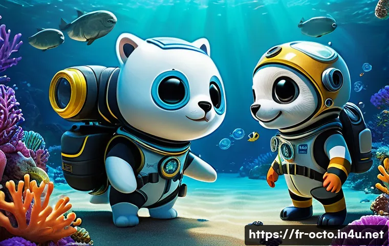 옥토넛 BBC 출신 애니메이션 특징 - **Prompt 1: A scene depicting the core Octonauts crew, Captain Barnacles, Kwazii, and Peso, engaging...